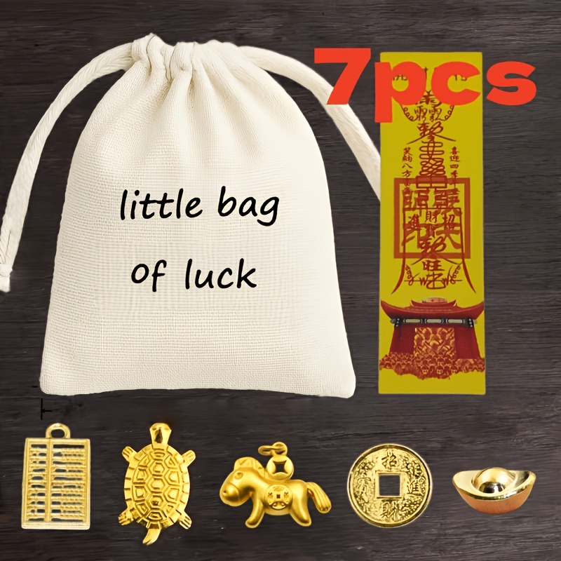 TEMU 7pcs Wealth | Red And And Success Wallet For Women, Compact Size, Traditional Chinese Design, Protects Your Finances And , 5 Golden Small Charms