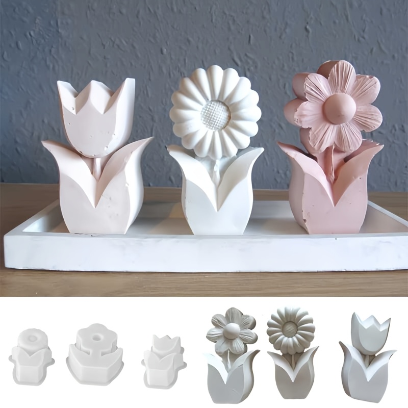E-shop Silikon-Tonformen, 3er-Set, niedliche einfache Blumen-Tonformen, Silikonformen für Gips- Betonblumen - Sonnenblumen-Aromatherapie- -