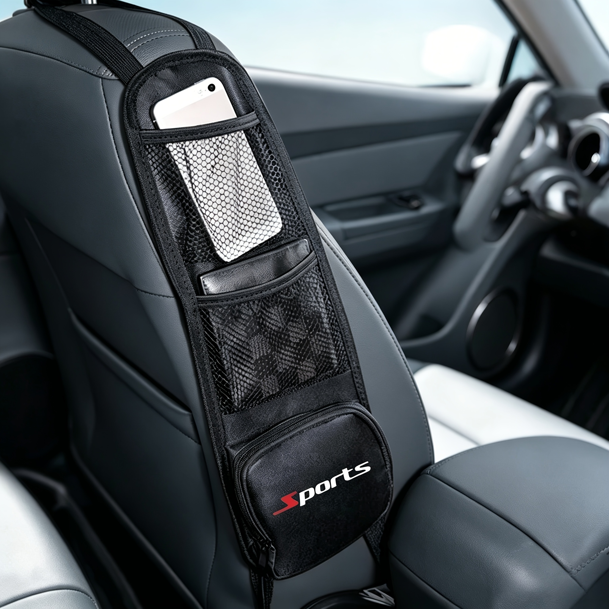 TEMU 1 sac de rangement noir pour siège auto, espace multi-poches - Additions de siège arrière à suspension en tissu avec poches en filet, espace de