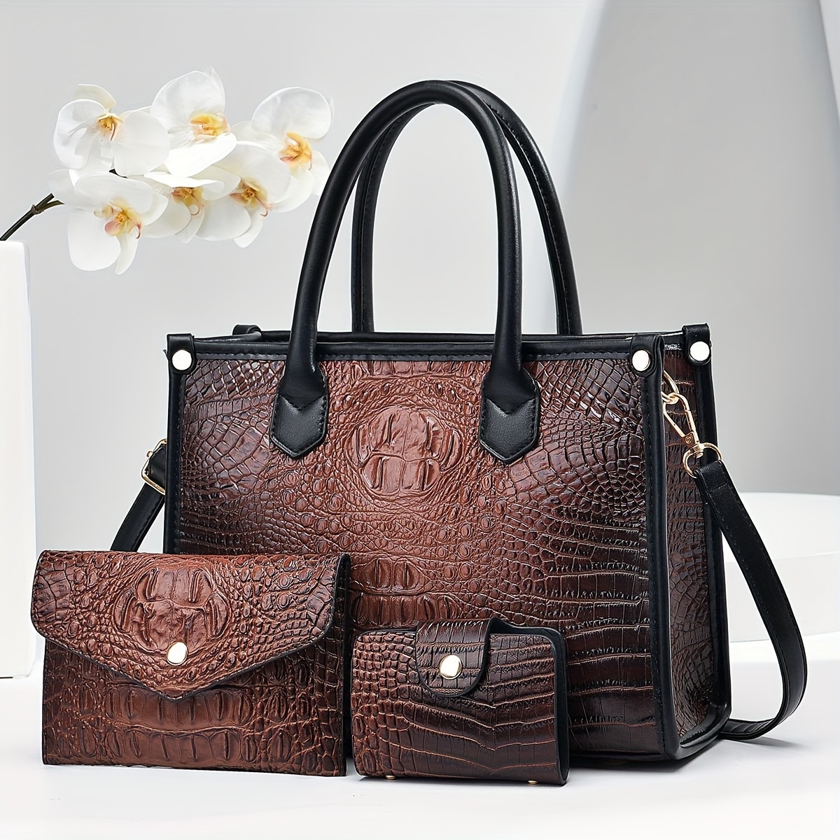 TEMU 3pcs Set, Crocodile Pattern Handbags, Large Fashion Tote With Shoulder Bag And Letter Pattern