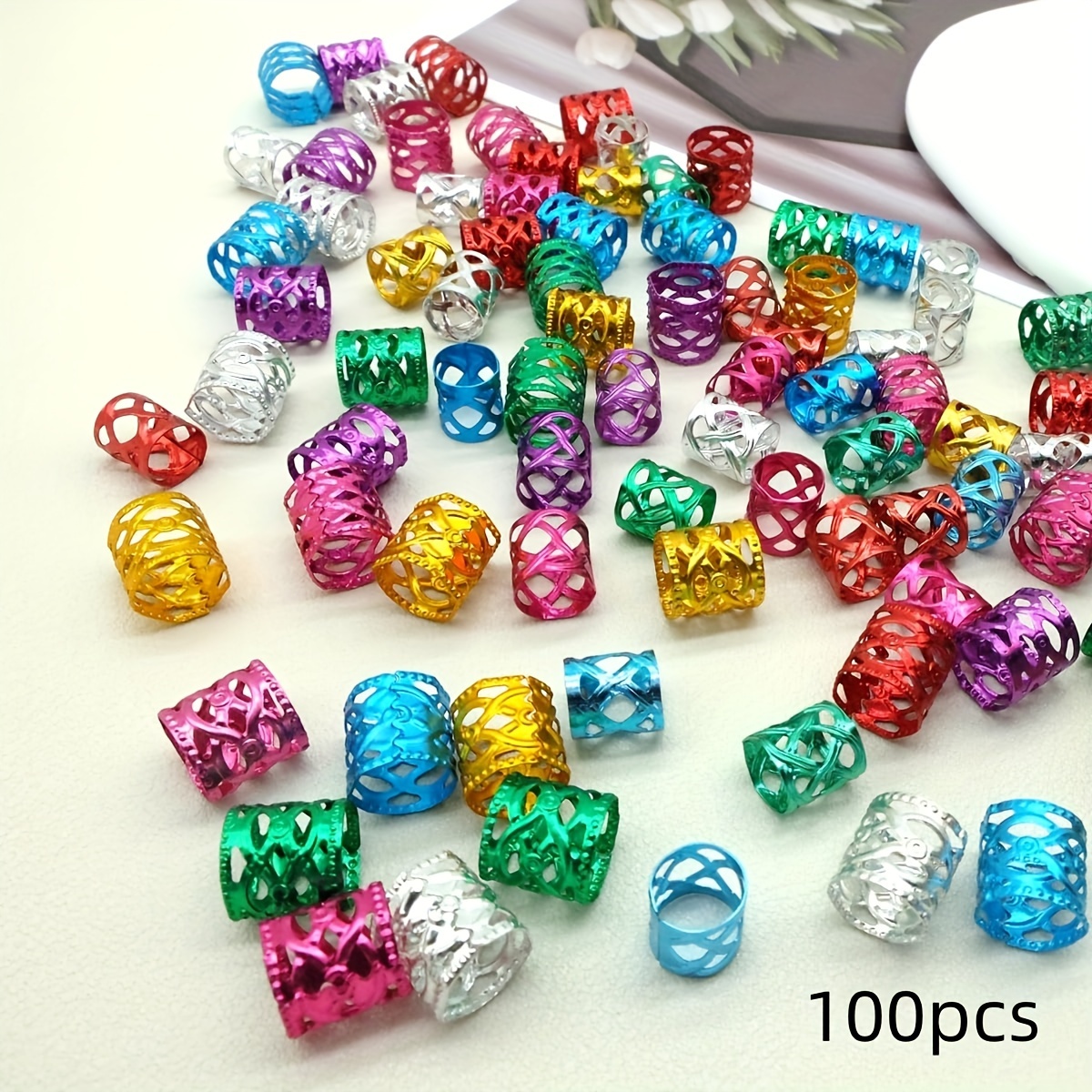 Image of 100pcs Multicolor Rings, Hair Jewelry For Braids, Dreadlocks Beads For Women And, Braids Hair Decorations Colorful Aluminum Ring Adjustable Metal Cuffs