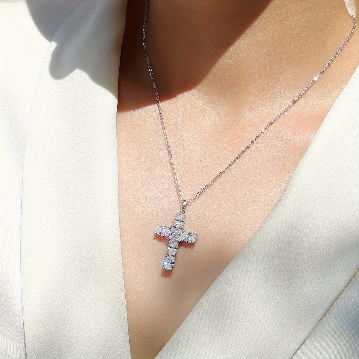 Classic Cross Pendant Necklace with Sparkling Moissanite