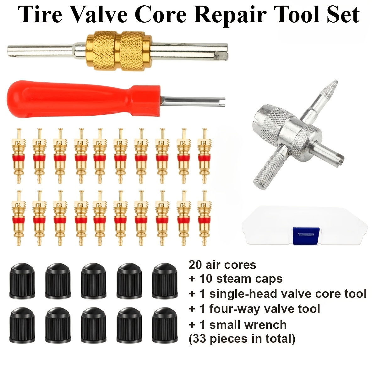 TEMU Jeu de 33 pièces d'outils de réparation de noyau de valve de pneu, kit d'extraction et d'installation de noyau de tige de valve à manche fendu