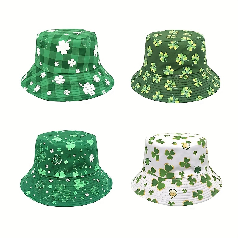 St. Patrick's Day Fashionable Sun Hat, Fishing Hat for Women with A Clover Pattern, Double-Sided Wearing Basin Hat, Versatile Sun Protection Bucket