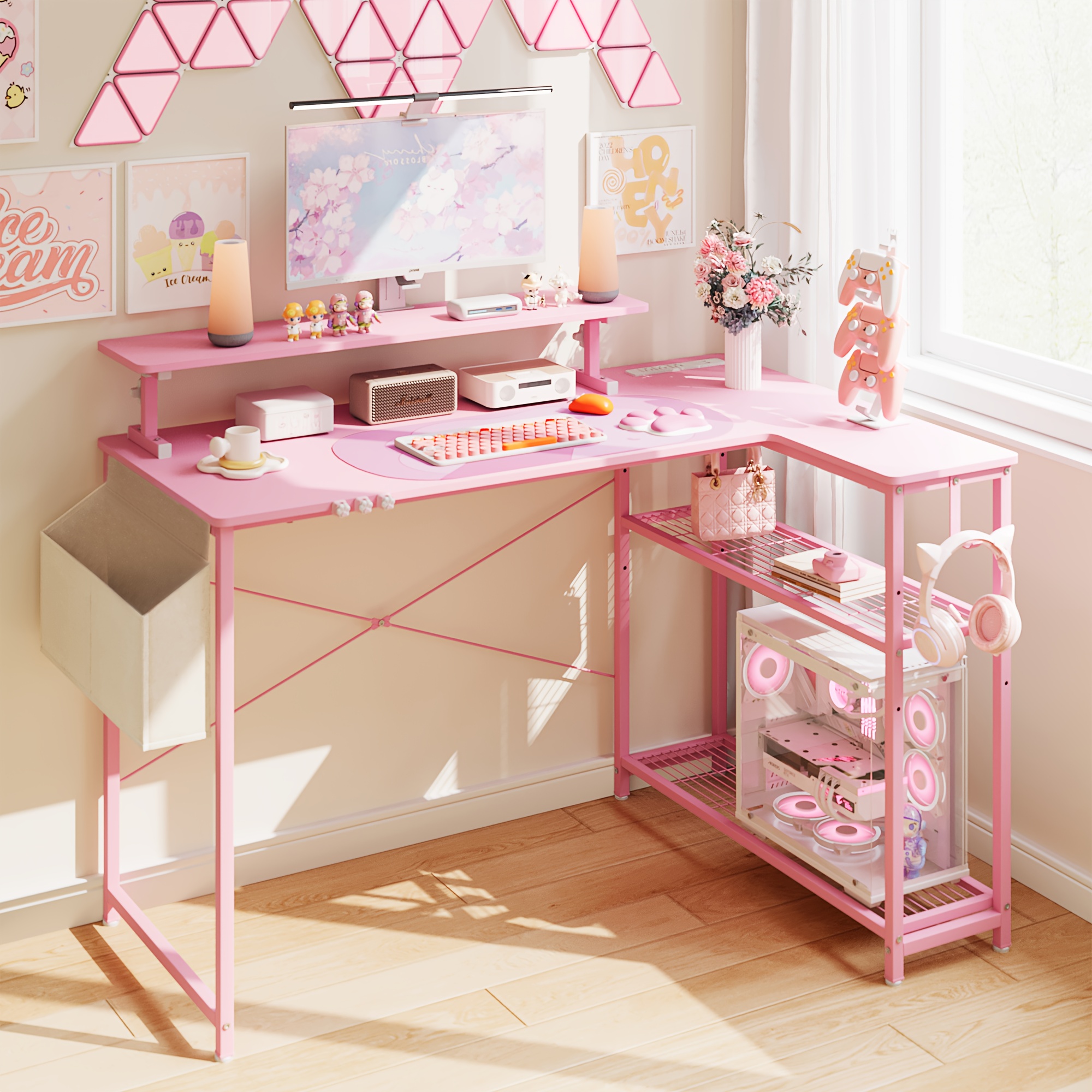 Image of A Computer Desk With A Cute Cat Theme Accessory, Built-in Monitor Stand And Side Storage Space - Designed For Home Office And Computer Entertainment, Sturdy , 43 Inches