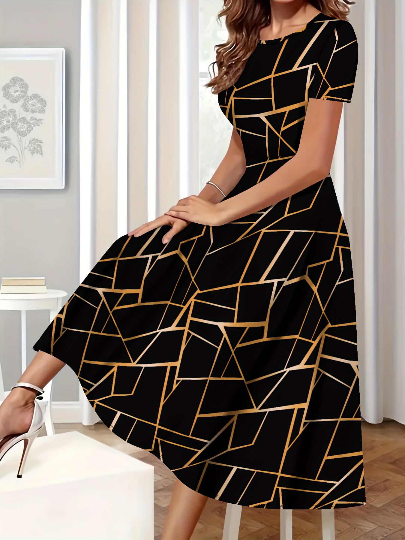 fashionable dresses for older ladies Women's Elegant Geometric Print A-Line Dress Homecoming Red And Black Short Dress