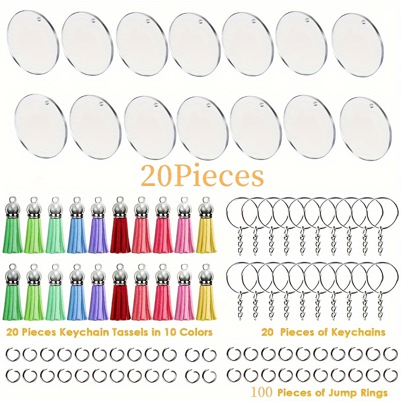 160pcs/set Acrylic Keychain Blanks With Rings Clear Key Chains Round Clear Discs Circles Colorful Tassel Diy Crafting Vinyl Projects