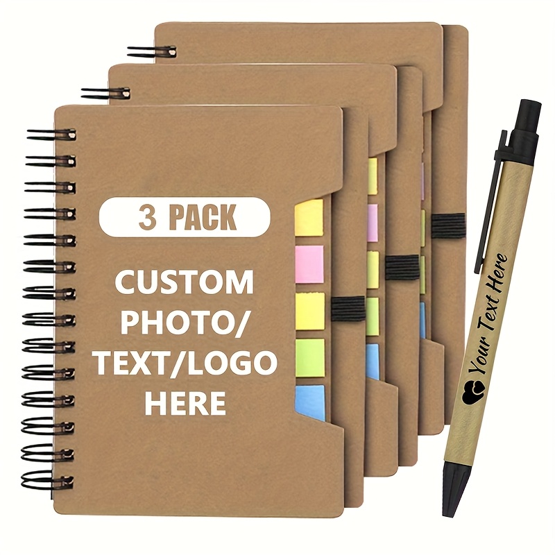 TEMU 3 piezas de Cuaderno Portátil con Cubierta Personalizable /Texto/Imagen, Bolígrafo, Notas Adhesivas y Pestañas de Índice a Color, Ideal para
