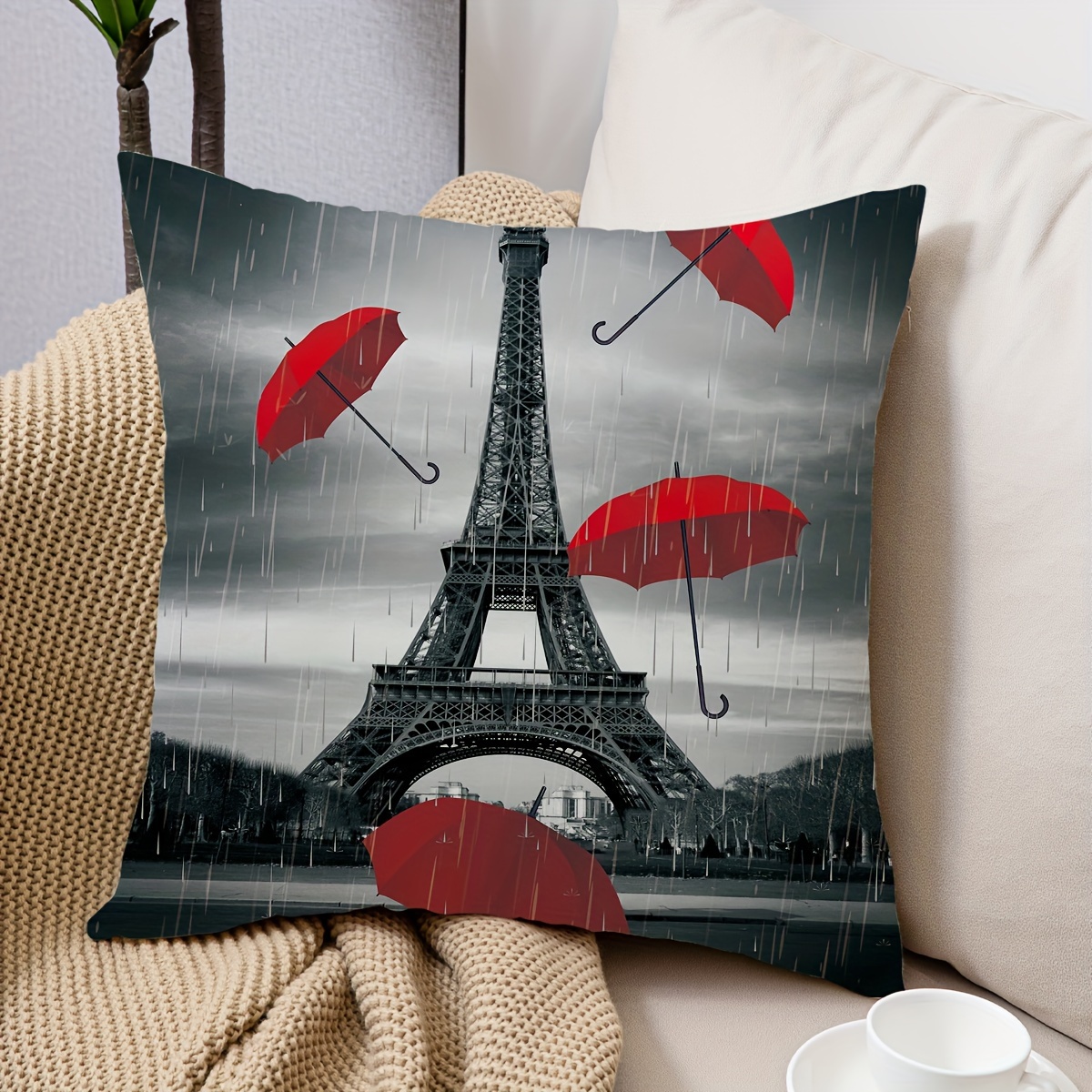 

1pc, Eiffel Tower Umbrella Raindrop Throw Pillow Cover Home Sofa Cushion Cover Polyester Throw Pillow Home 18*18 Inches Pillow Insert Not Included