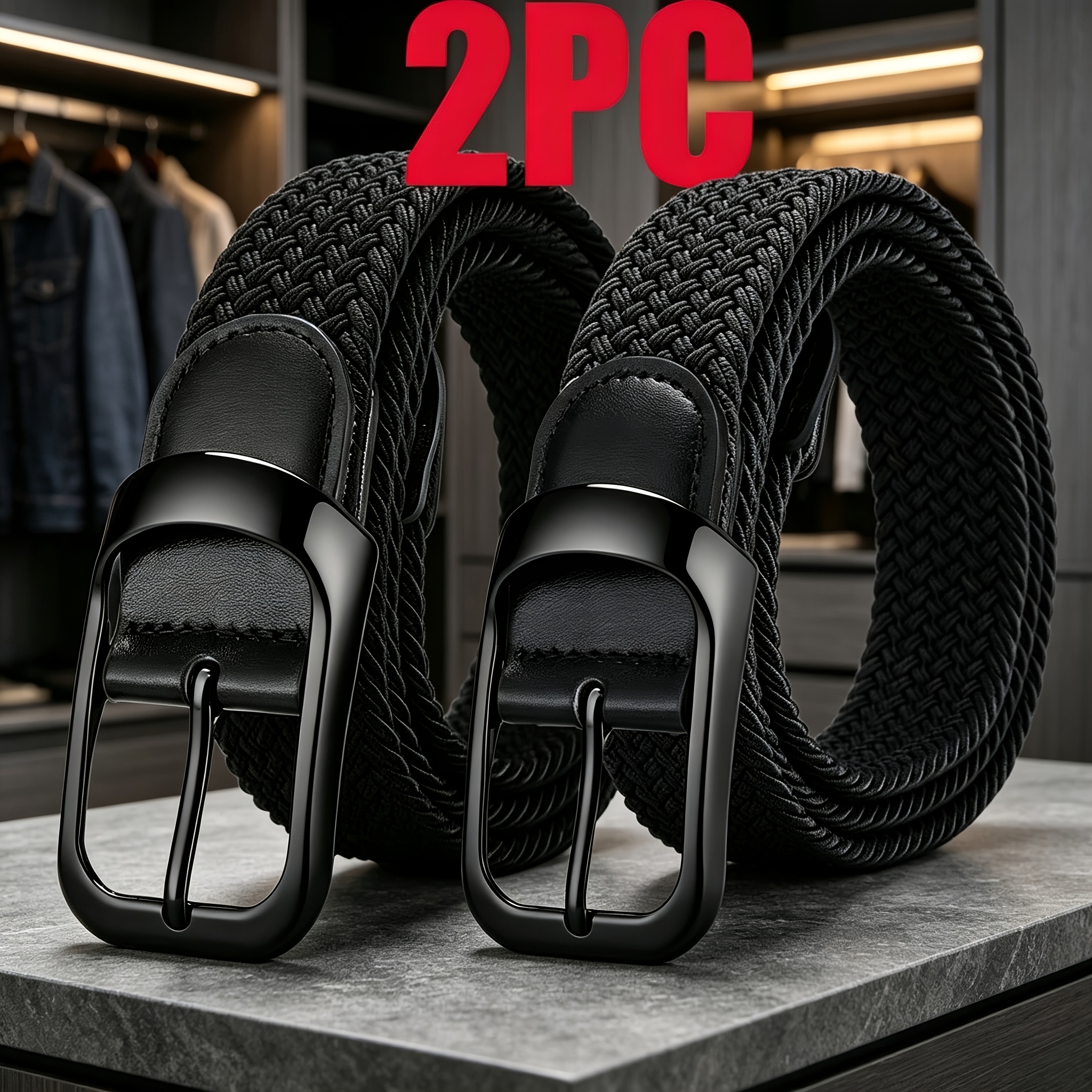 TEMU 2-pack Men's Elastic Woven Belts, Metal Pin Buckle Elastic Canvas Belts, Adjustable Casual Golf Belts, Breathable Non-perforated Belts, Suitable
