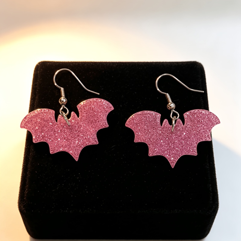 TEMU Une paire de boucles d'oreilles chauve-souris pailletées roses, boucles d'oreilles d'Halloween en acrylique de style doux