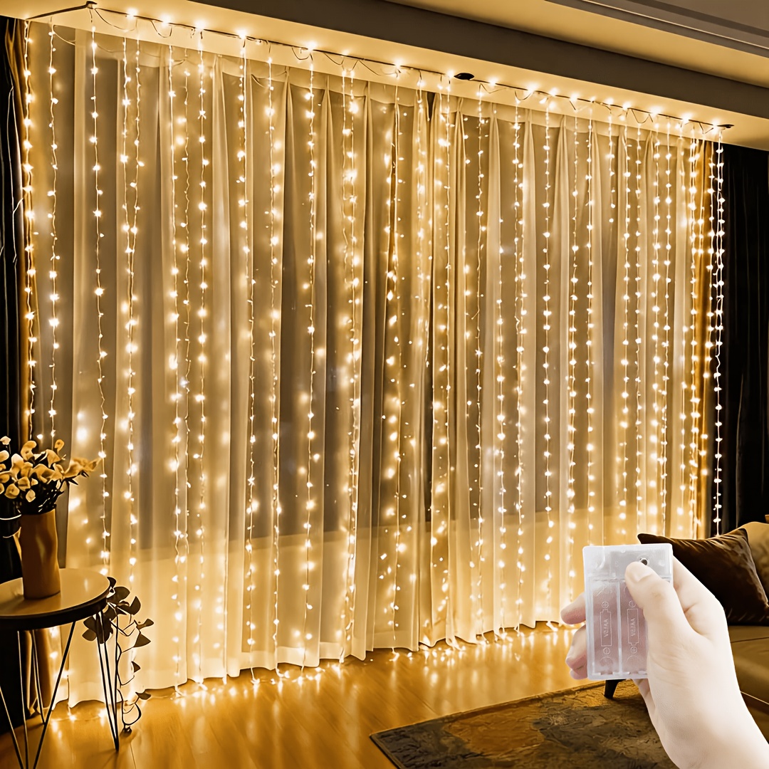 TEMU Battery Powered Led Curtain Fairy Lights, 8 Modes Romantic String Lights For Wedding Backdrop, Christmas, Halloween Decor, Room, Home