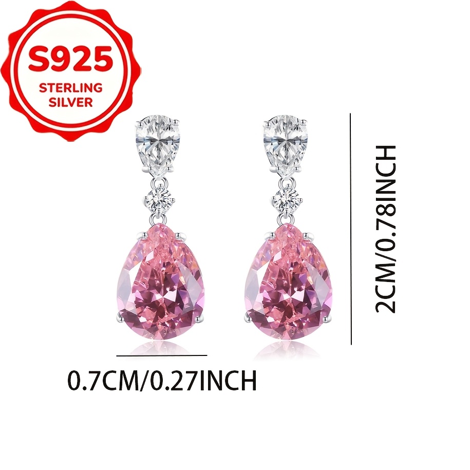 2pcs S925 Pure Silver Pink Water Drop Zirconia Earrings, Gift