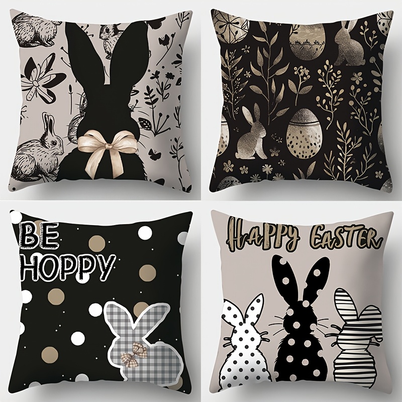 

4pcs Easter Throw Pillow Covers, Contemporary Style Decorative Pillowcases, 17.7x17.7 Inch, Polyester, Machine Washable, Zipper Closure, Woven, With Rabbit & Egg Patterns For Living Room Sofa