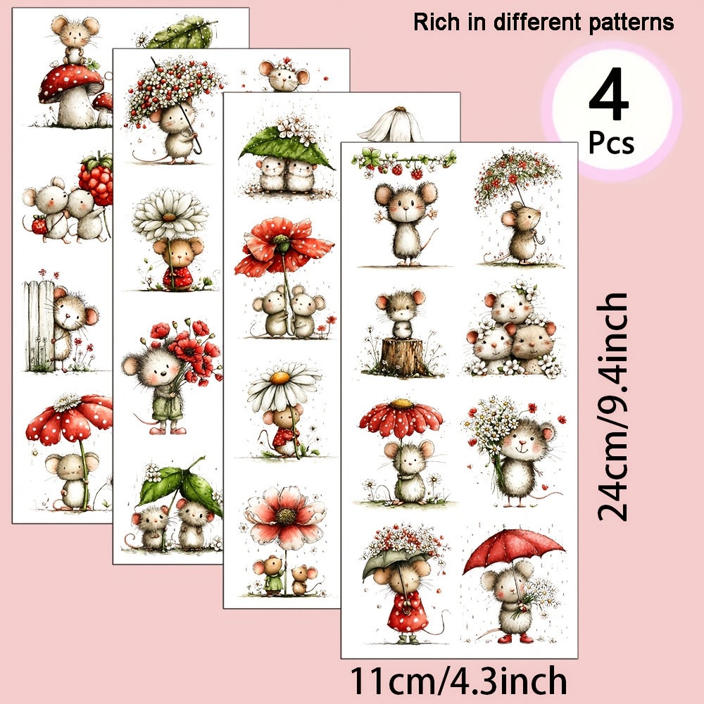 TEMU 4pcs Mouse & Flower Uv Transfer Suitable For Diy Crafts, Mugs, Laptops, Water Bottles - Self-adhesive Plastic With Mice, Flowers, Durable