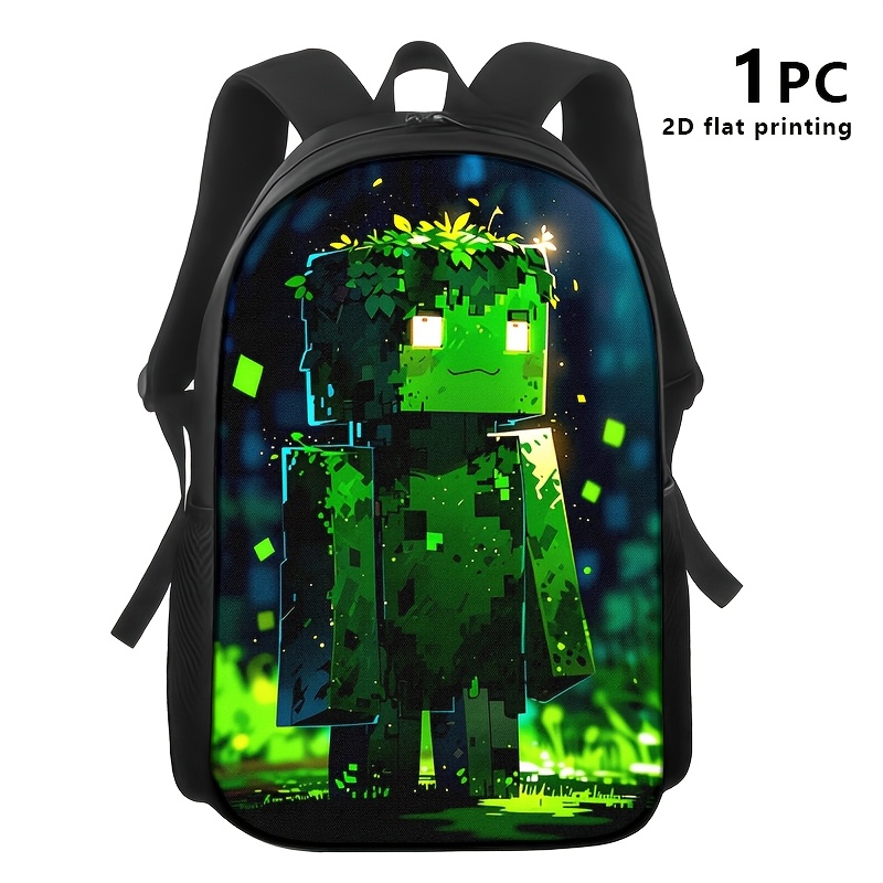 TEMU 1pc/2pcs/3pcs Backpack, Shoulder Bag, Pouch With Pixel Green Creature Print; 2d Flat Design; Game Theme; Ideal For Urban, Travel, Or Campus Use