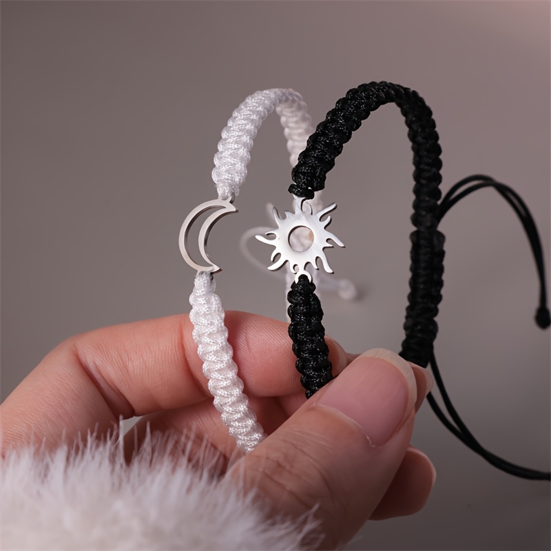 

Chic 2pcs Set: Couple Bracelets - Black & White, Woven Nylon Rope, Or Gifting On Valentine's Day, , Men's Fashionable, Ramadan Gift , Contrasting Color