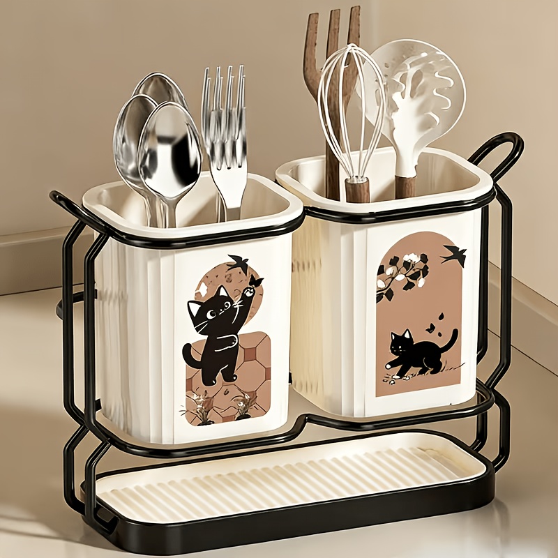TEMU Carbon Steel Kitchen Utensil Organizer, 2pcs Set Of Utensil Buckets, Combines A 2-in-1 Countertop And Wall-mounted Tableware Organizer, Equipped