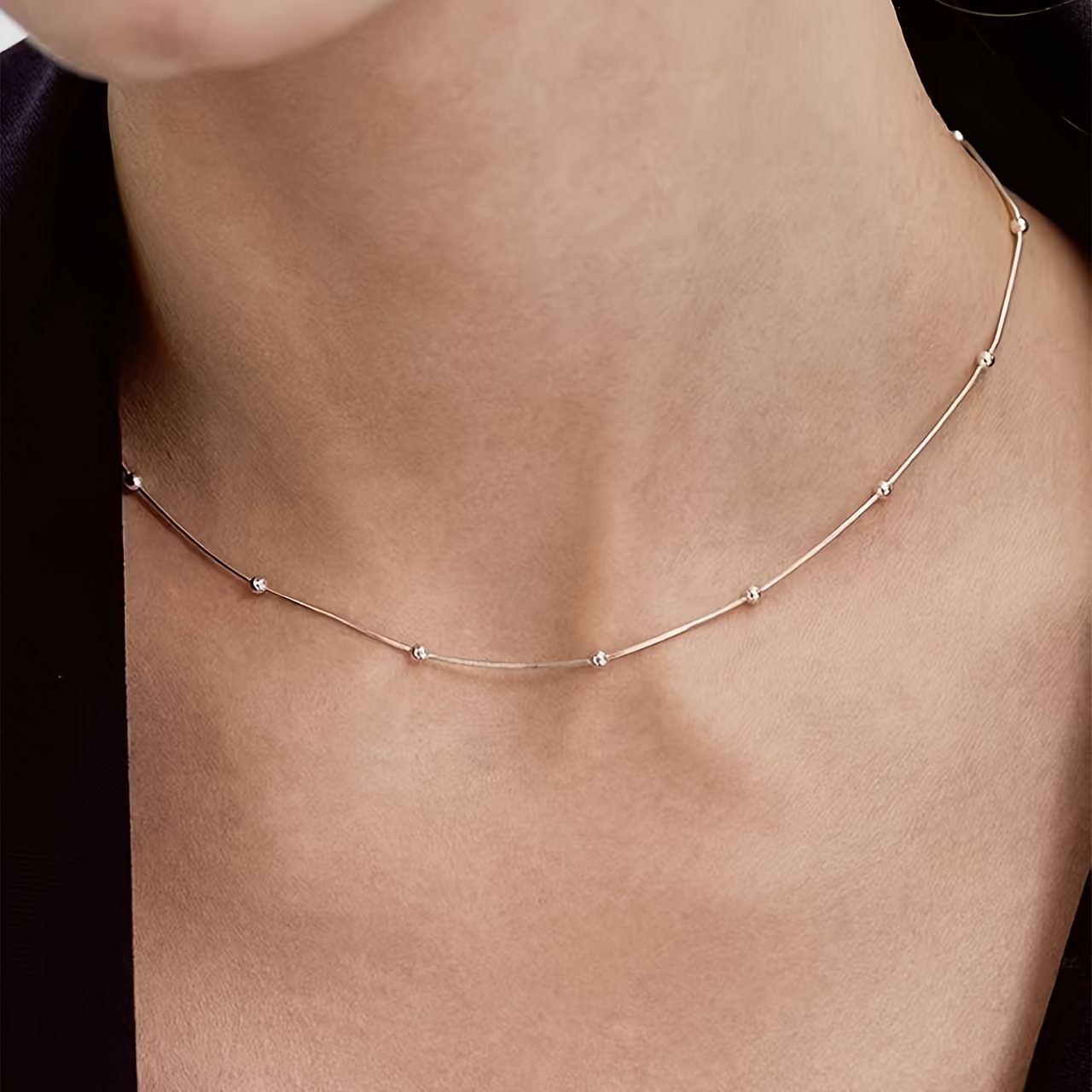 TEMU Women' Steel Simple Necklace -- Elegant Beaded Chain Jewelry, Suitable For Banquets, Daily Wear, And Party Occasions -- Durable Women's Gift