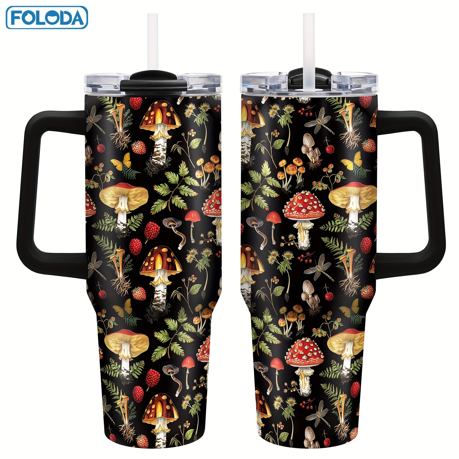 

Foloda Stainless Steel Insulated 40oz With Handle, Leak Proof Lid & Straw - Reusable Mushroom Themed Graphic Coffee Mug - Multipurpose, Christmas & Holiday Gift For Mushroom Enthusiasts