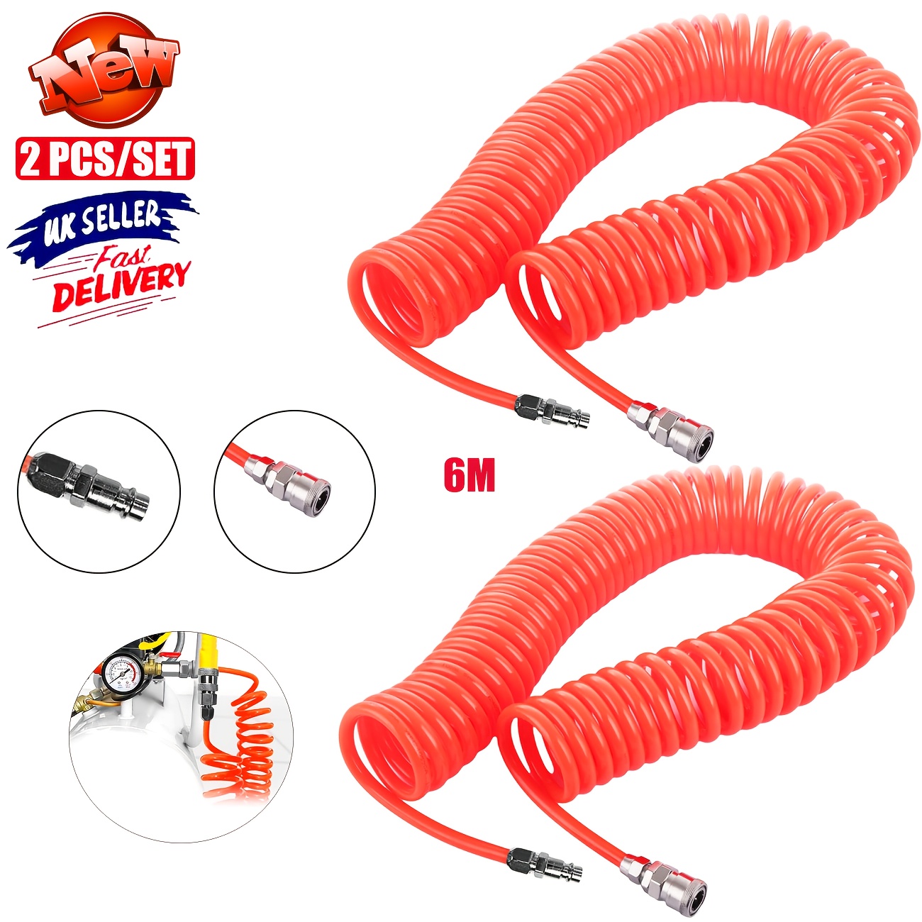 TEMU 2pcs 6m Compressor Hose, Retractable Air Hose With 1/4" Europe Quick Coupler And Plug, Spiral Hose(5 X 8mm), Compressed