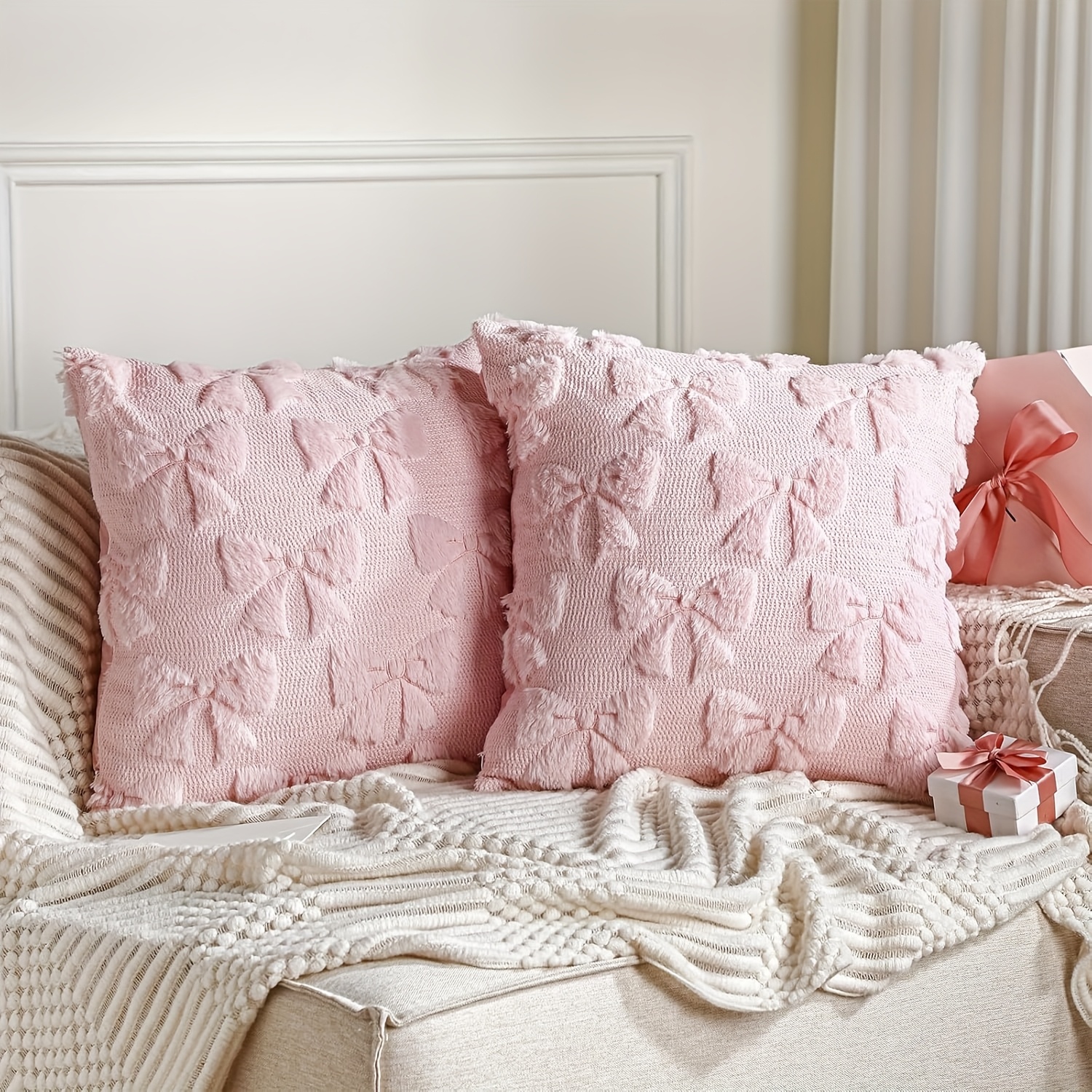TEMU 2 Sets Of Pink/white Bow Pillowcases, 18x18 Inches. Bow Decorative Pillowcases. Soft And Fluffy Pink Pillowcases. Suitable For Home And