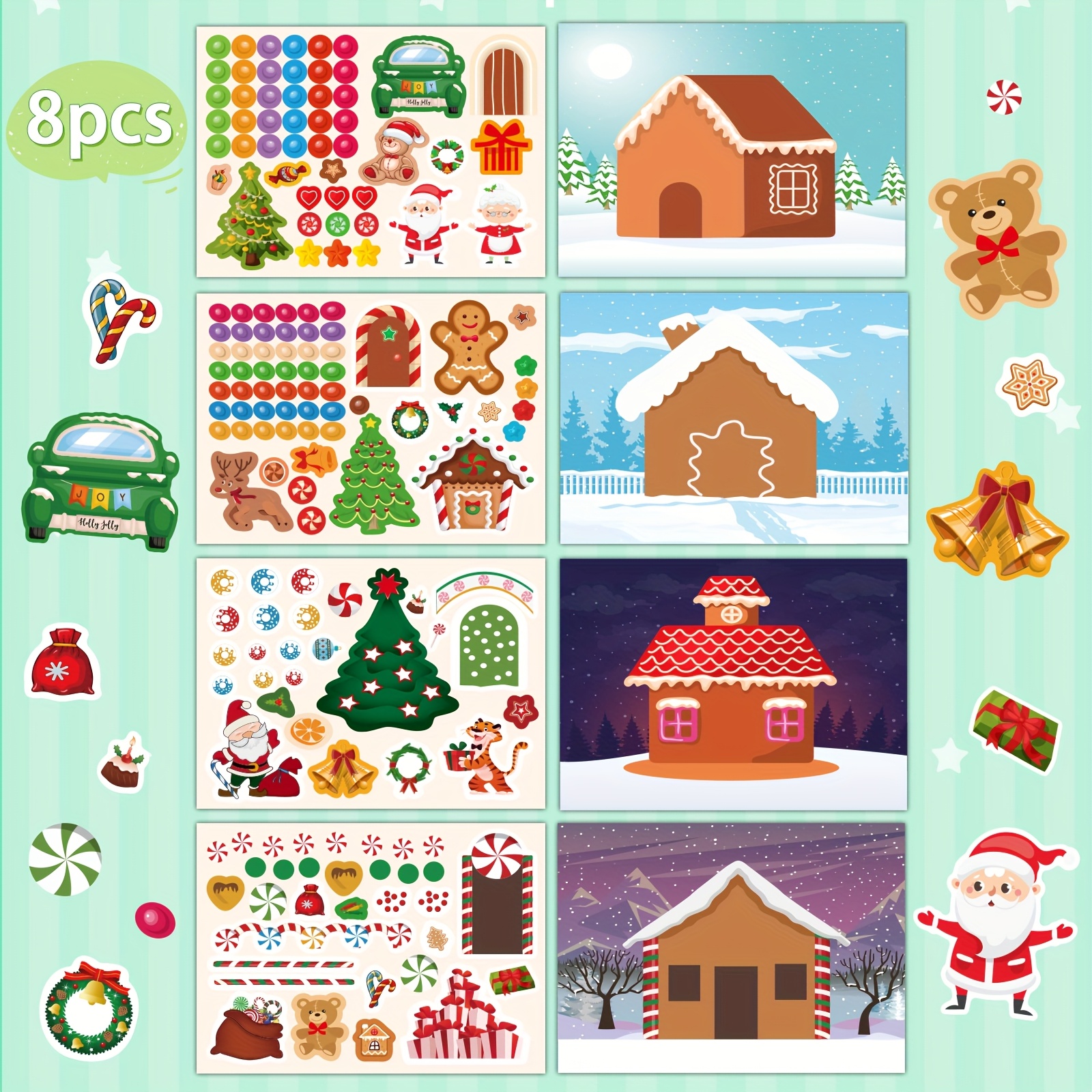Image of 8pcs/16pcs/24pcs Holiday Christmas Sticker Pack: Santa Claus, Trees, Houses, And Snowman Faces - Perfect For Kids