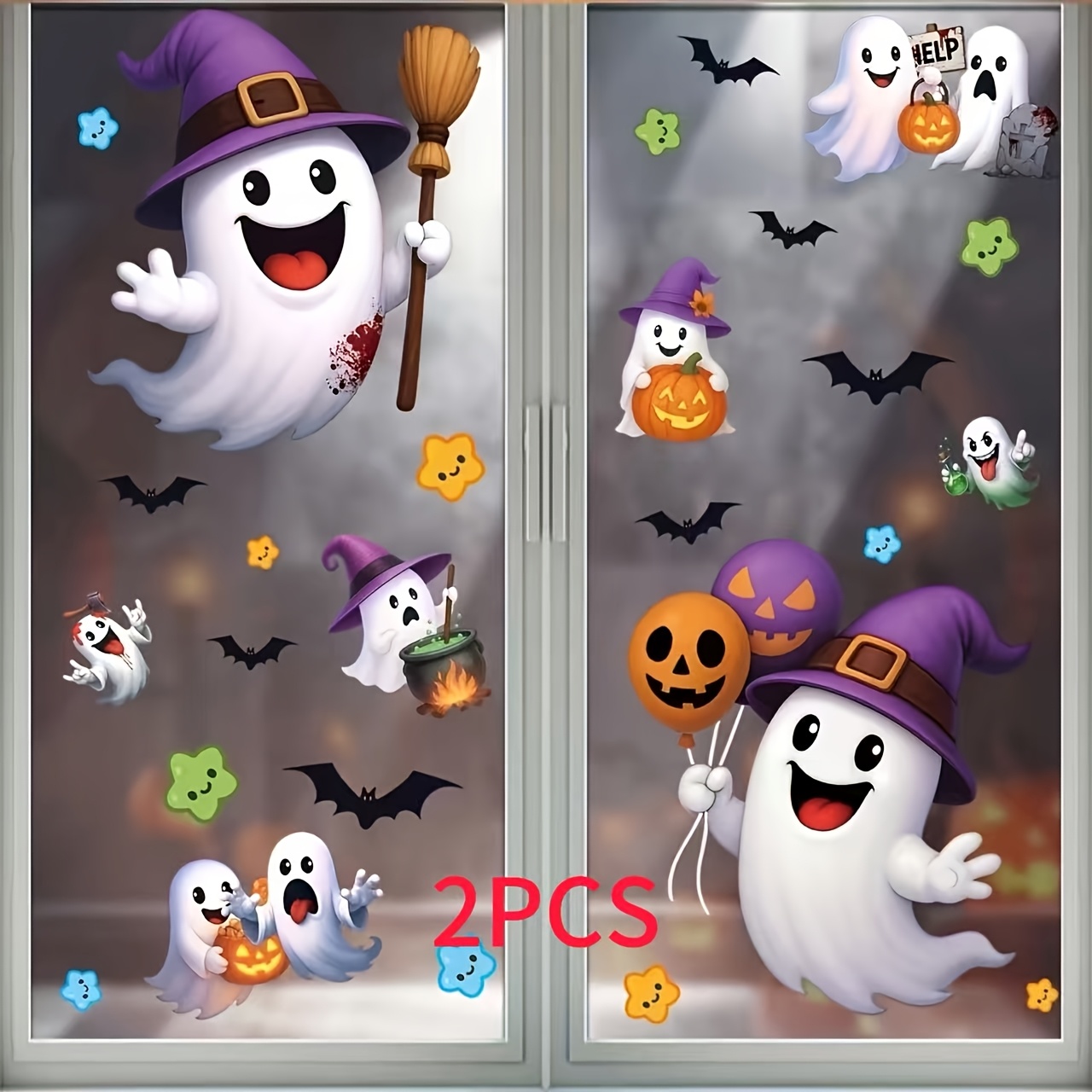 TEMU 2026 New 2pcs Halloween Decorations Creative Cartoon Static Stickers Pumpkin Bat Glass Stickers/door Window/display Window/glass Decoration