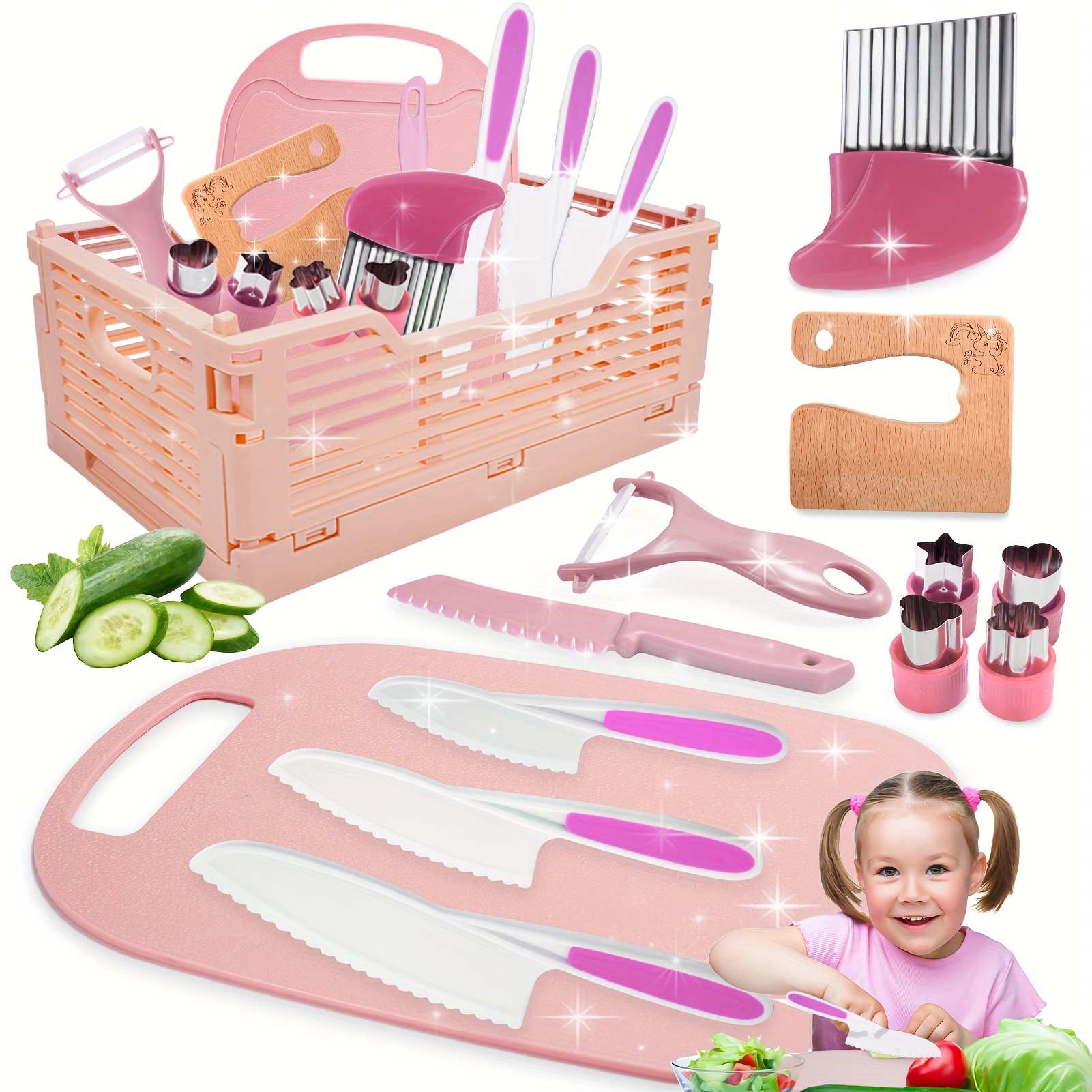 TEMU 13pcs For , Learning Gifts Toys Girls Boys, Knife Set For Real Cooking & Basket, Toys Cooking Set For Toddlers, Birthday Gift Pink