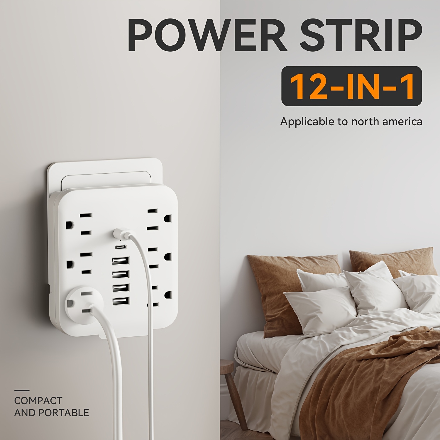 TEMU 1pc 12-in-1 Wall Power Strip With 6 Ac Outlets And 4 Usb- Type-c Ports, Desktop Charging Station With Usb Port, For Home, Office, Travel,