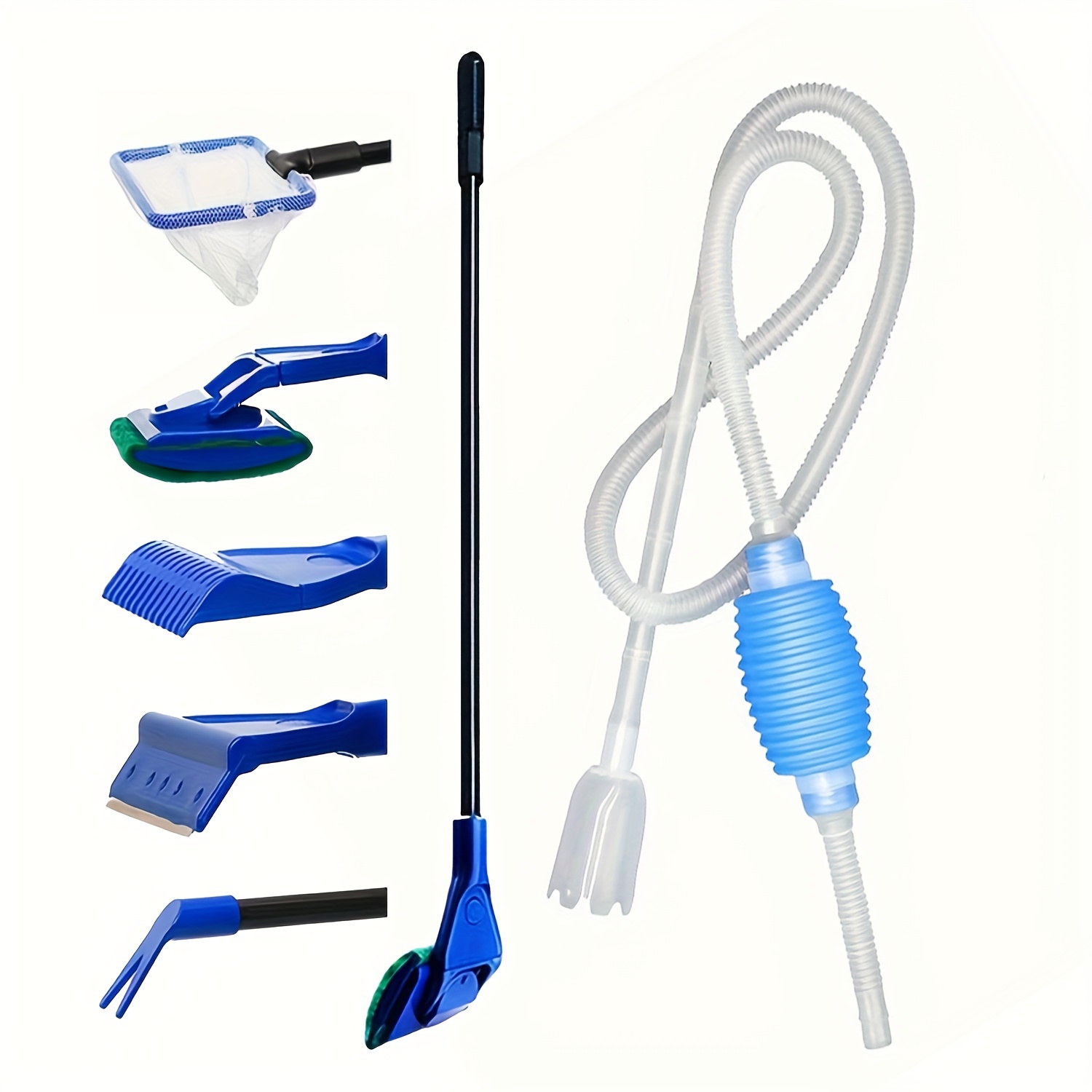 

Aquarium Cleaning Kit With Algae Scraper, Sponge Brush, Gravel Rake, Fork, And Fish Net - Plastic Material, Suitable For Fish - Includes Siphon Vacuum For Water Change And Gravel Cleaning