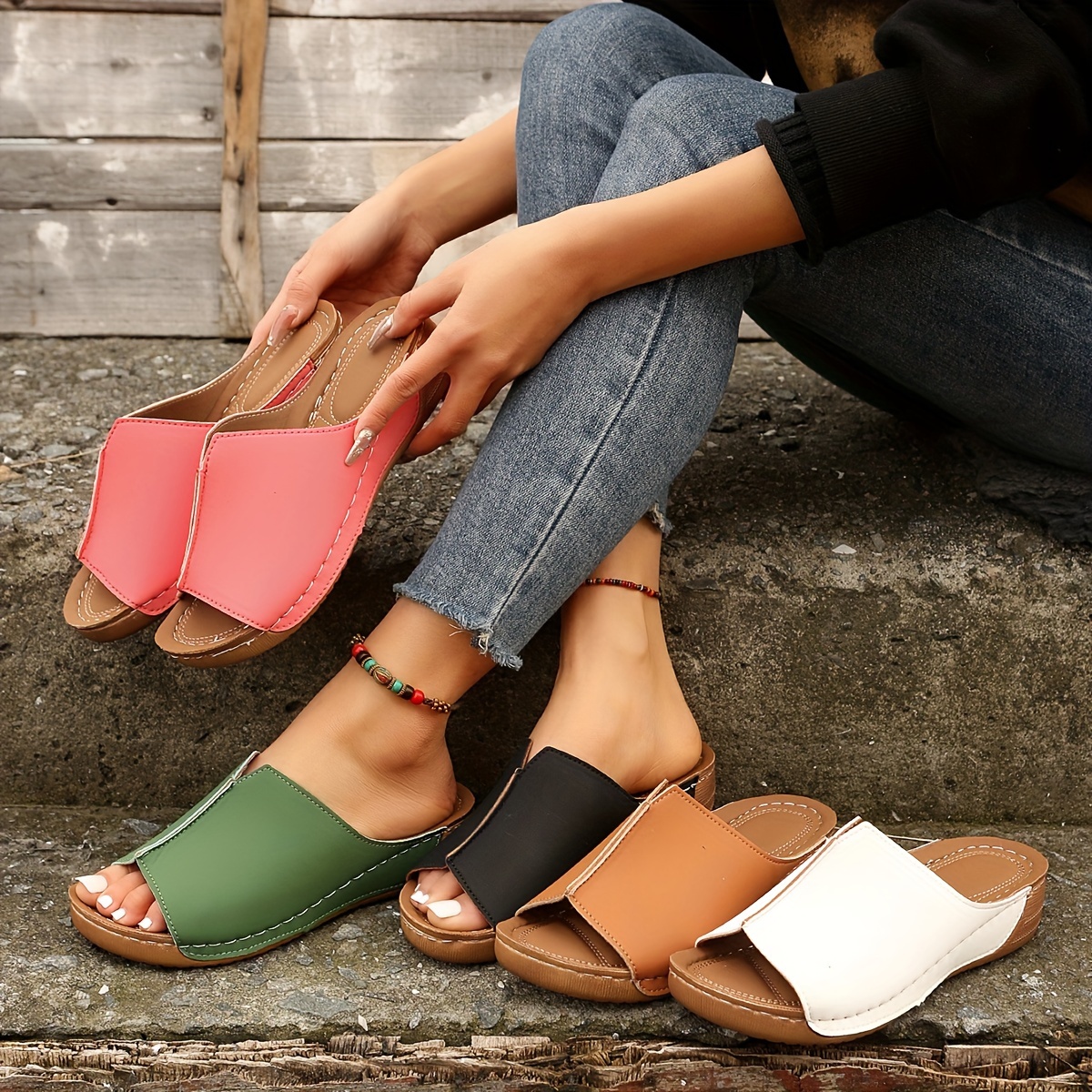 

Women's Contrast Color Slide Sandals, Peep Toe Soft Sole Summer Shoes, Casual All-match Outdoor Slides
