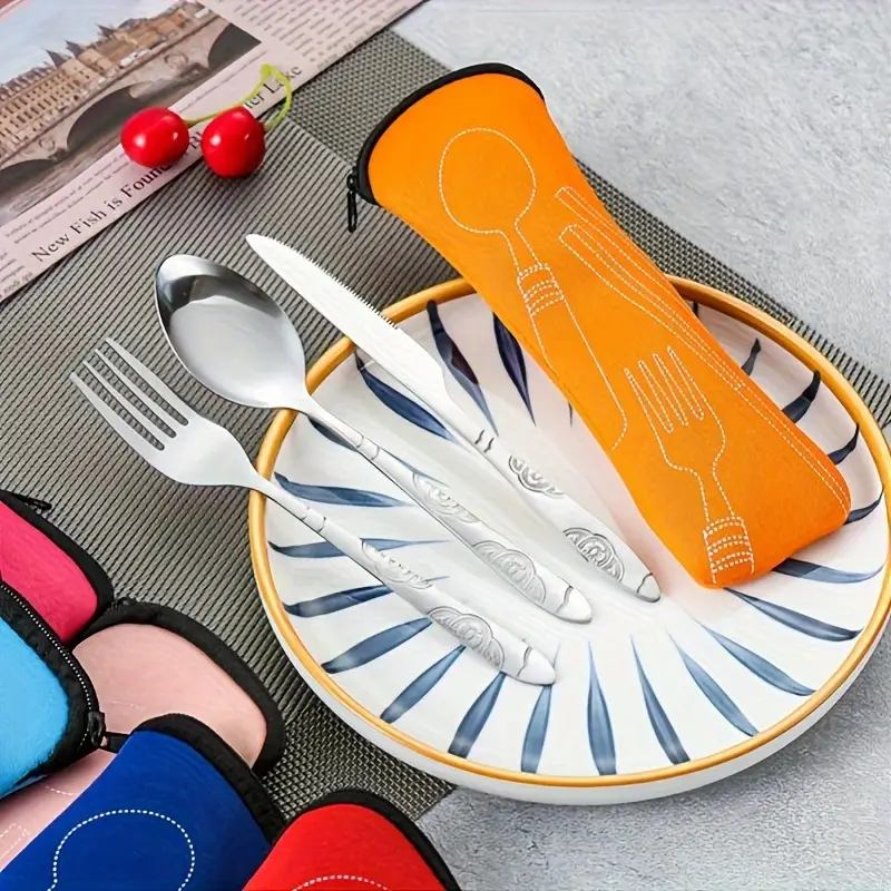2 set stainless steel western steak knife spoon fork cloth cloth bag portable outdoor three piece set Product details 1