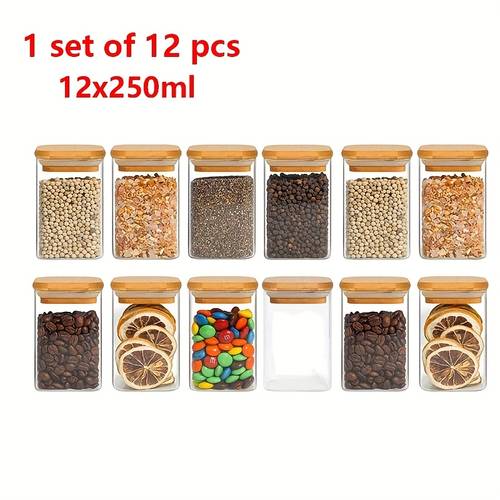 4 6 12pcs rectangular glass storage containers with bamboo lids transparent food jars for sugar coffee tea nuts spices oats kitchen spice storage glass jars with bamboo lids