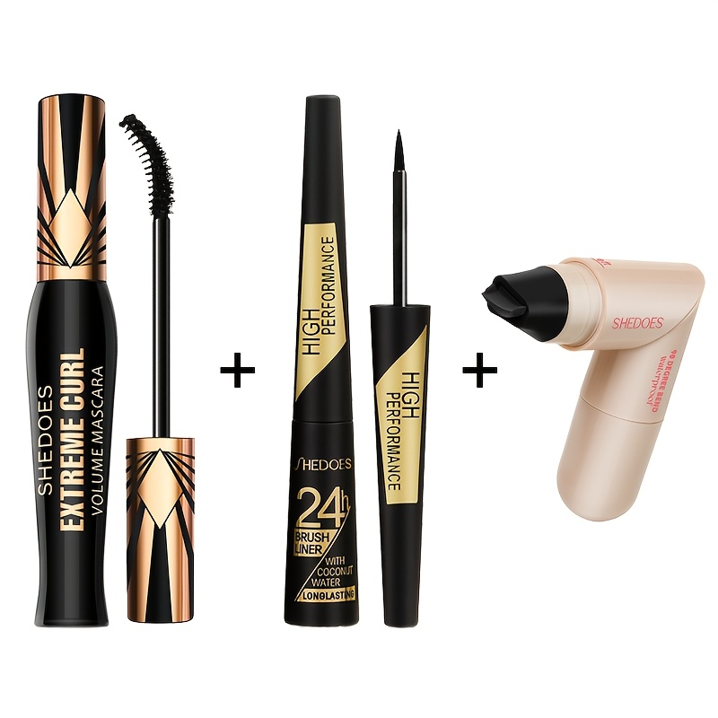 Image of 3pcs Mascara & Eyeliner & Eyeliner Stamp Set, Black, Richly Pigmented, Waterproof, Sweatproof, Oil-resistant, , -free, Lightweight And Undetectable, Eye-enlarging, Suitable For Daily Wear