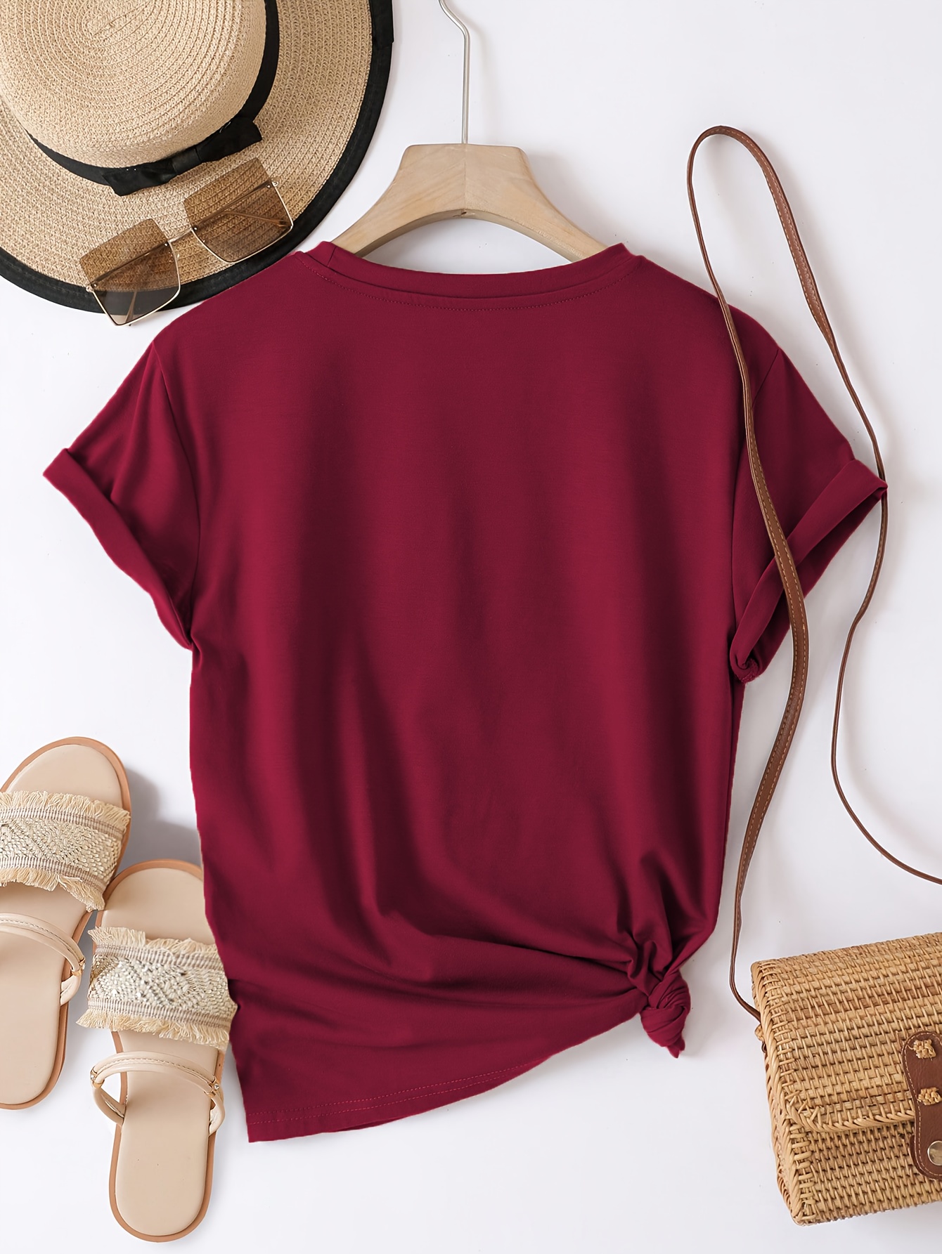 Casual Crew Neck Short Sleeve T-Shirt, Women'S Polyester Basic Round Neck Pullover, Heart Butterfly Pattern, with Slight Stretch, Regular Length and H Fit