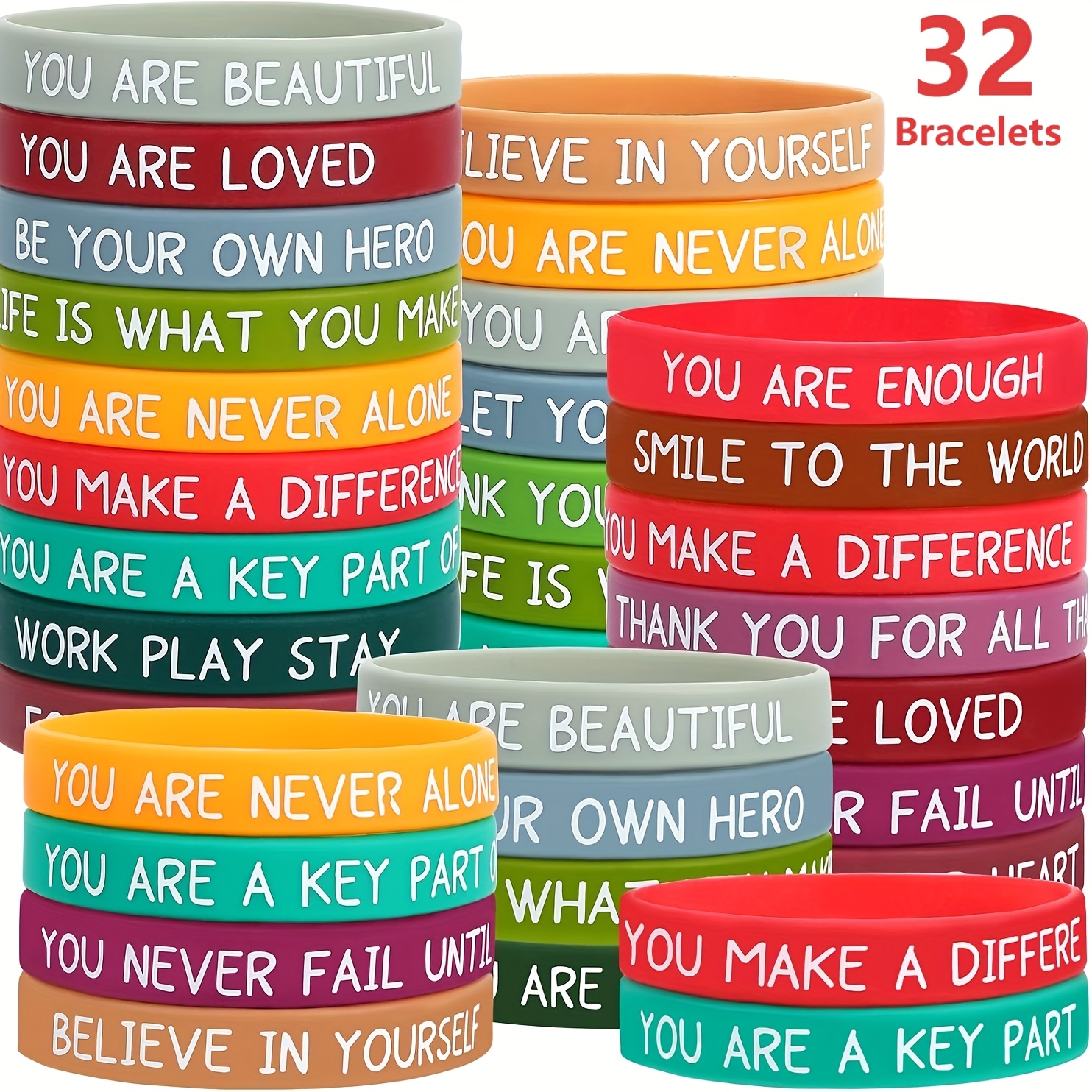 TEMU 32 Bracelets - Inspirational Silicone Bracelets, Colorful Inspirational Rubber Bracelets, Suitable For Men And Women, Student Teacher Office Prizes, Gifts, Back To School Party Discounts