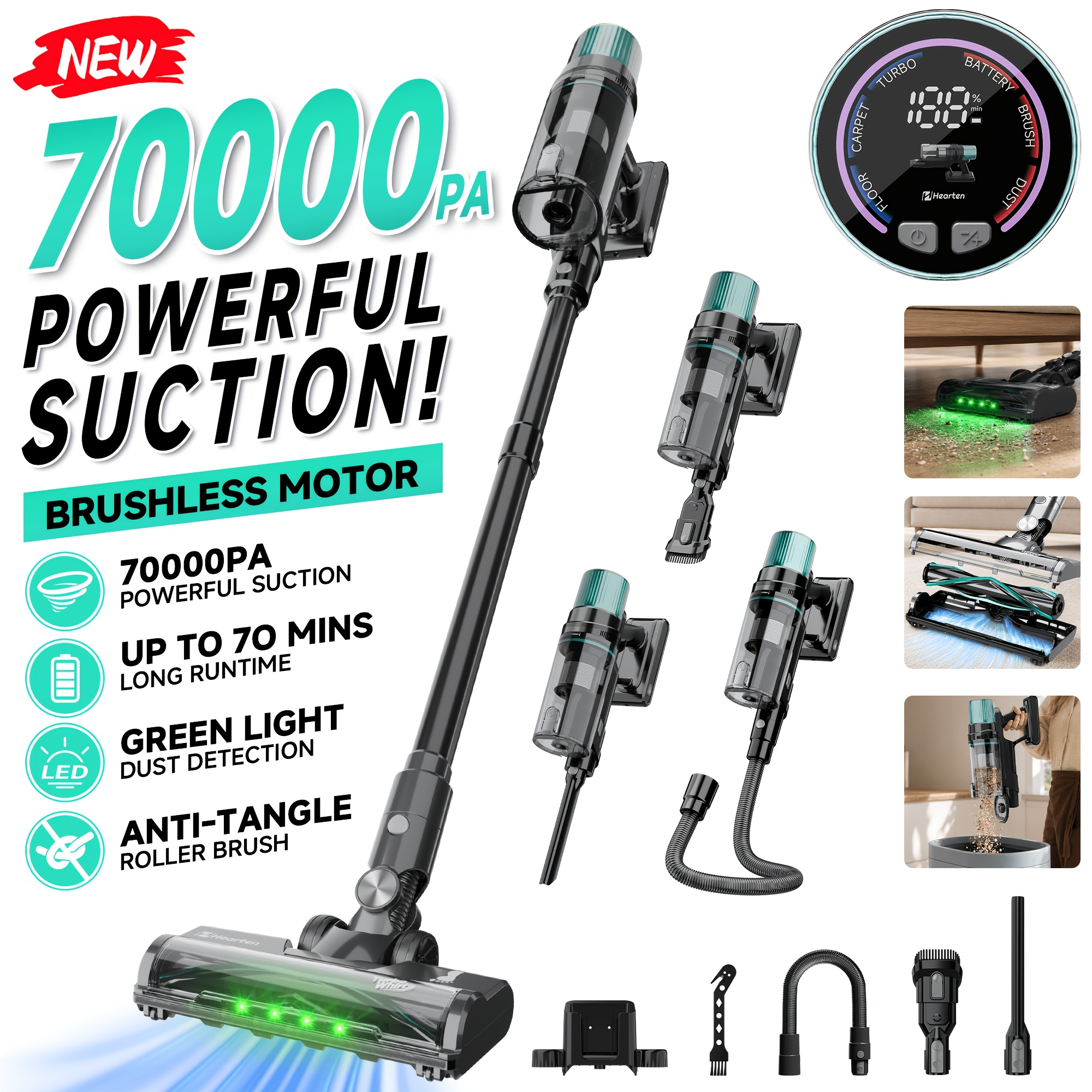 Hearten Cleaner, Brushless Motor, 70kpa Strong Suction, Led Display, 1.6l Large Capacity Vertical Dust Cup, Equipped With 3 Vacuuming , Hepa Filtration System, Soft/hard Dust Tube Replaced And Used