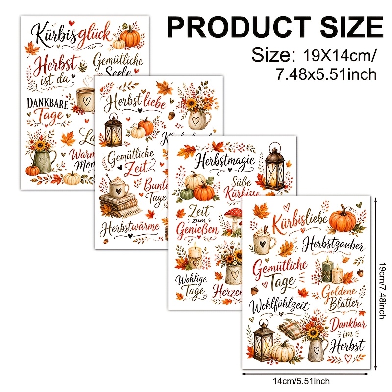 TEMU 4pcs Autumn Pumpkin Warm Autumn German Vinyl Uv Dtf Transfer Paper (mugs Not Included, Transfer Paper Sold) Suitable For Crafts, Mugs, Laptops,