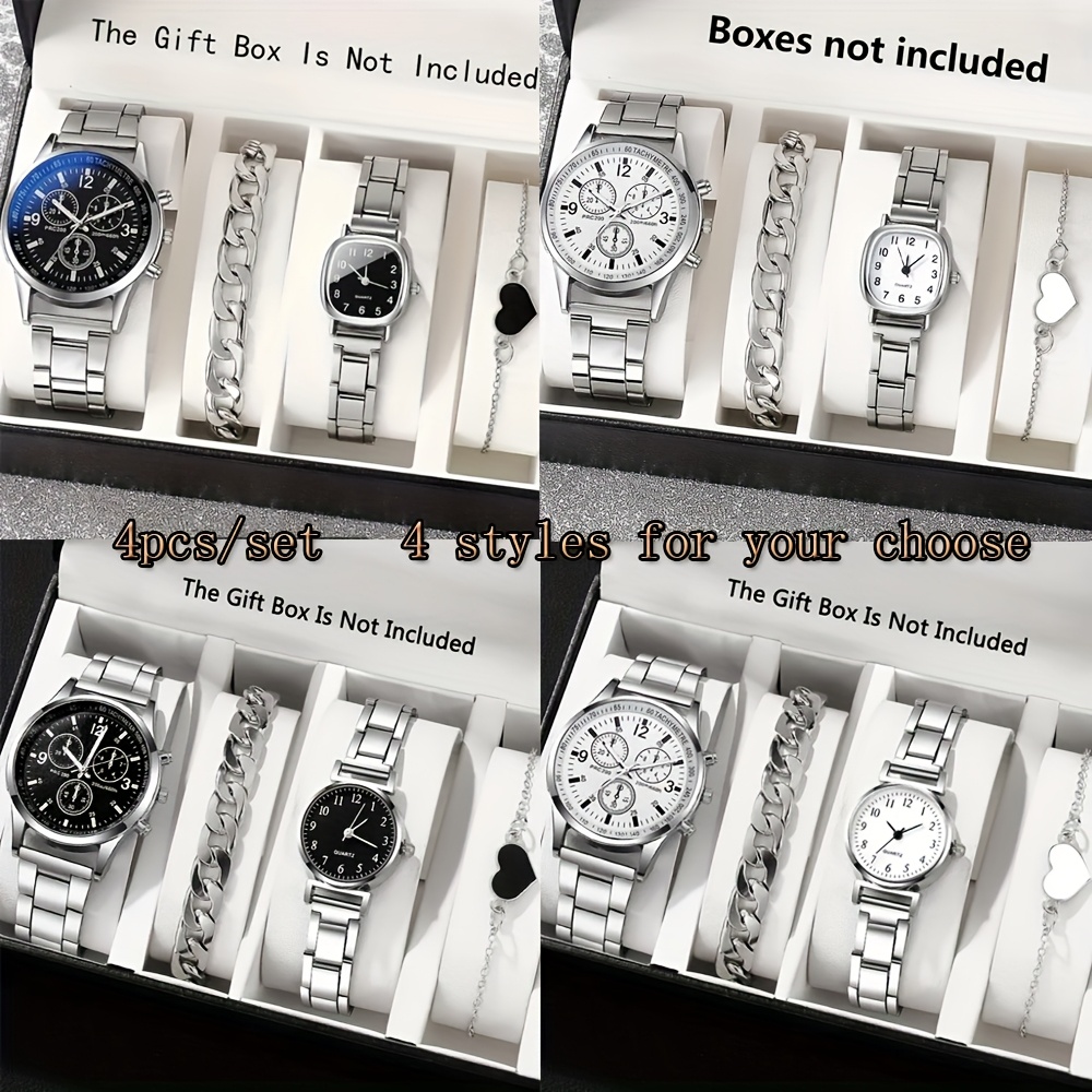 4pcs Couple Quartz Watch and Bracelet Set - Classic Business Casual Style, Minimalist Design, Perfect for Gifts, School Supplies, Halloween & Christmas Decorations | Elegant Timepiece Collection