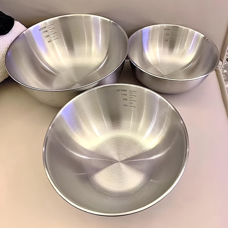 

3pcs/set Stainless Steel Mixing Bowls With Measurement Marks, Durable Salad Bowl Set For Cooking, Baking, And Prepping, Kitchen And Restaurant Essentials