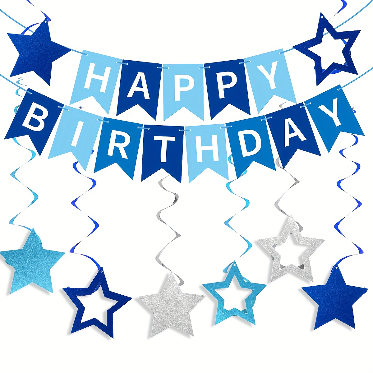 Image of Blue Theme Birthday Decorations, Happy Birthday Banner With 8pcs Stars Hanging Swirl Streamers, Happy Birthday Party Decorations For Women Men, Birthday Hanging Backdrop Decoration Party Supplies