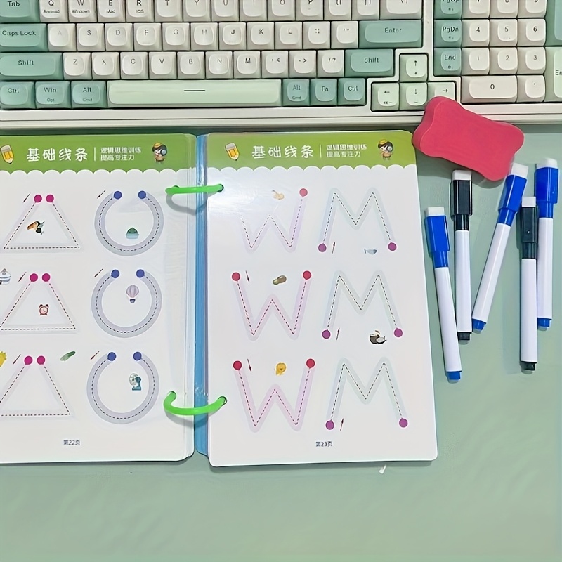 36-page reusable educational workbook set with 4 pens and an eraser, featuring erasable stickers - perfect for children's drawing and control training, ideal for New Year gifts (2025) and Christmas presentsChristmas stocking stuffers,Christmas