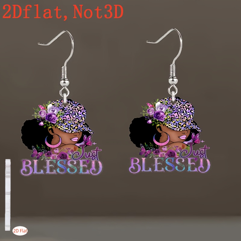 TEMU 2d Flat - 2d Plane, Just Blessedj Floral And Leopard Print Earrings - Stylish Colorful Earrings - A Vibrant Accessory Featuring And Purple
