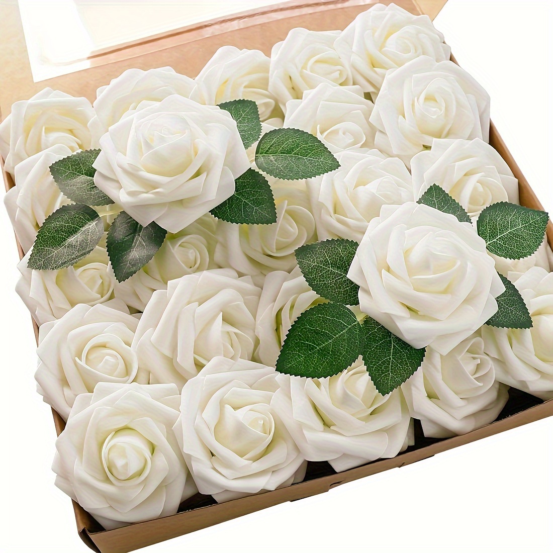 TEMU 25pcs Artificial Flowers True Color Foam Fake Roses With Stems Diy Wedding Bouquet White Bridal Shower Center Arrangement Party Table Decoration