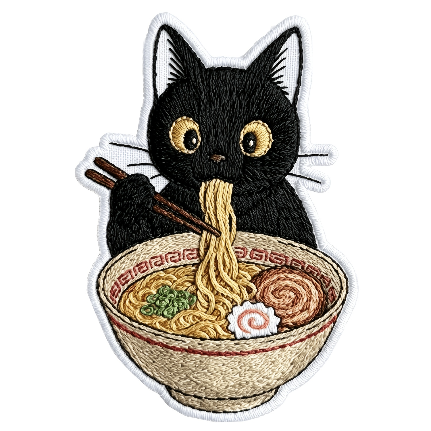 Image of Cute Black Cat Ramen Embroidered Patch Iron On/sew On Versatile For Repairs Decoration Diy Creation Perfect For Clothes Jackets Dresses Hats Jeans Backpacks