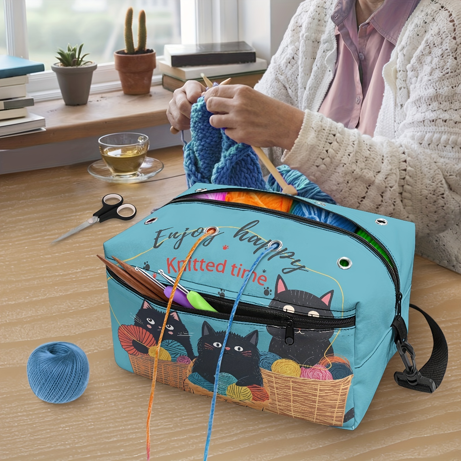 Image of Cat Print Bookshelf Large Capacity Yarn Storage Tote Bag - The Perfect Organizer For Craft Enthusiasts - Safe Yarn Storage, Needle And Sewing Supplies Manager (bag Only, Additions Not Included)