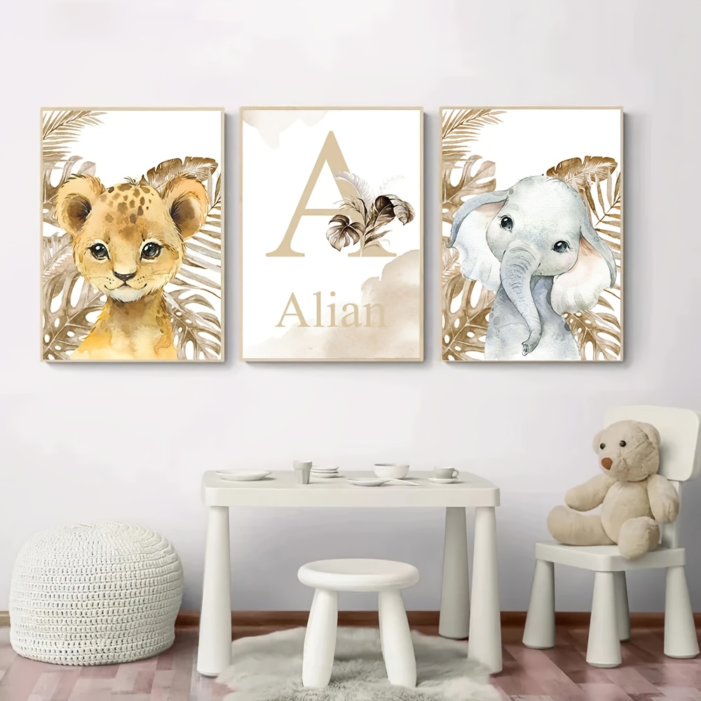 TEMU 3pcs Custom Name Jungle Animals Art Poster Set, Personalized Elephant & Lion Canvas Prints With Plant Leaves Lettering, Bohemian Animal Theme