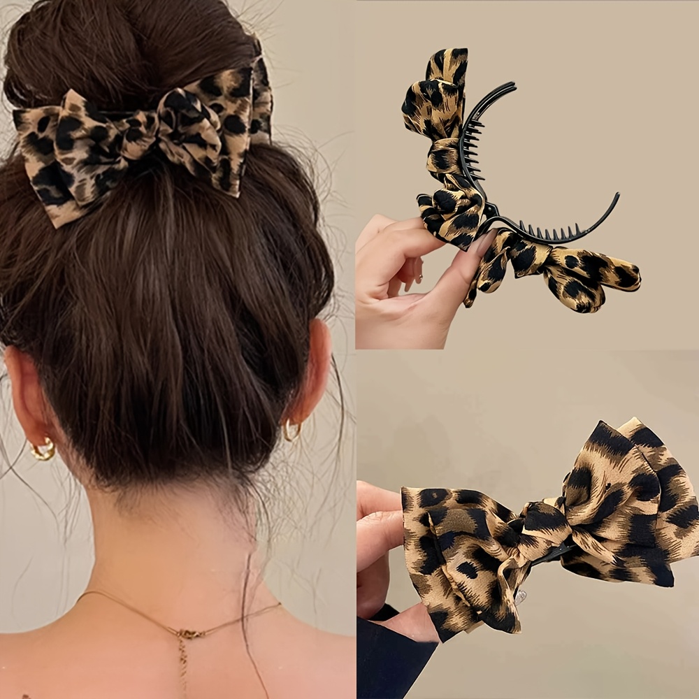 

1pc Vintage Bohemian Leopard Print Bow Hair Clip, Large Plastic Shark Clip Ponytail Holder, Single Piece Hair Accessory With Bow Detail