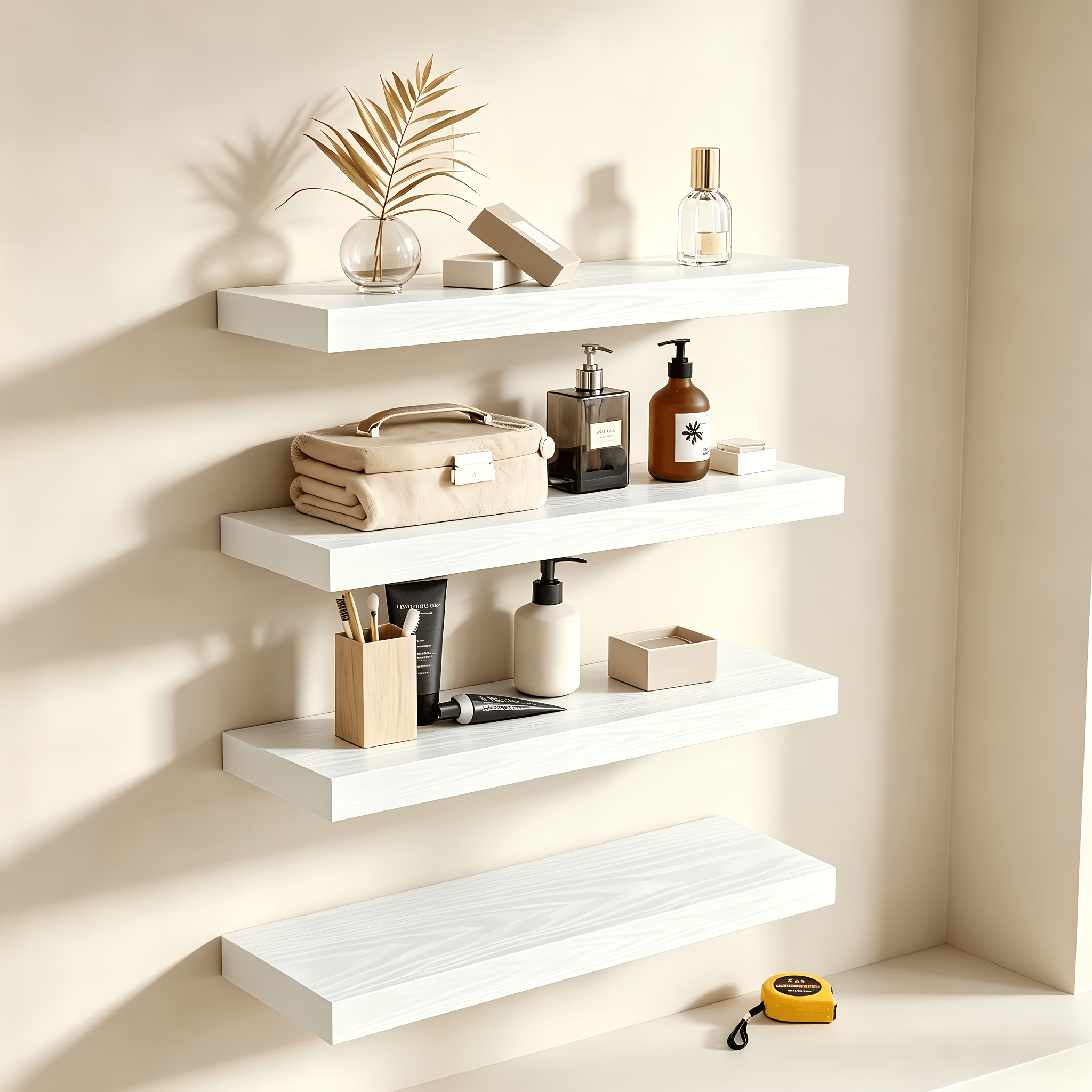 TEMU 4pcs Floating Shelves, Each To 10kg, Free Tape Measure Included, 1.3cm Thick For Sturdy Load-bearing, , Multi-functional Decorative Storage,